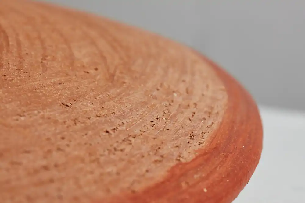 Detail of bottom of medium size comal made from red clay in San Marcos Tlapazola, Oaxaca.