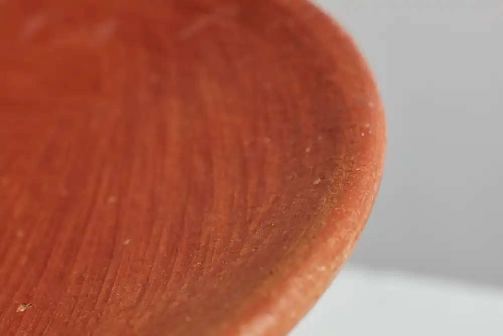 Detail of top of medium size comal made from red clay in San Marcos Tlapazola, Oaxaca.
